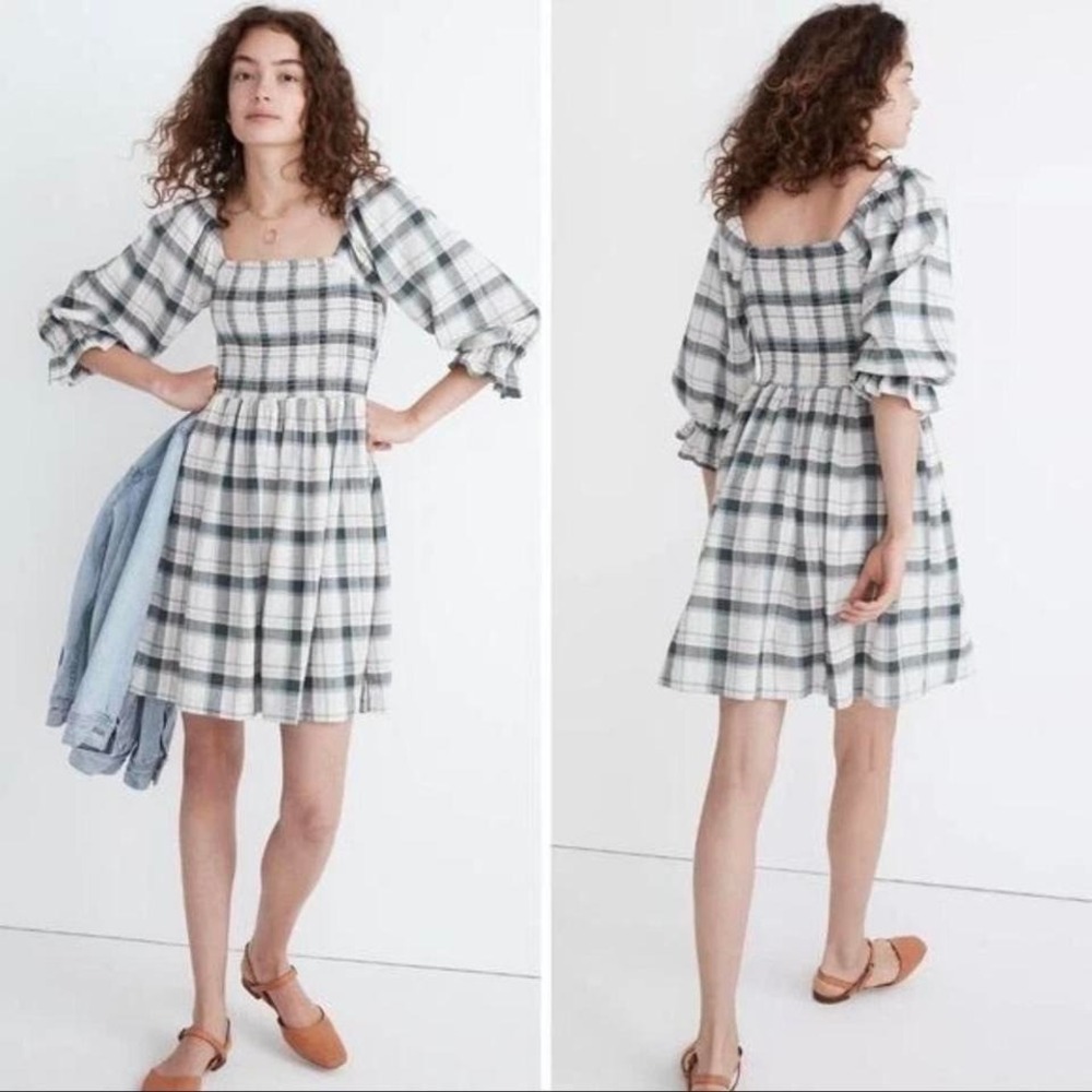 Madewell Lucie Elbow-Sleeve Smocked Mini Dress Lebaum Plaid‎ Cottagecore Small